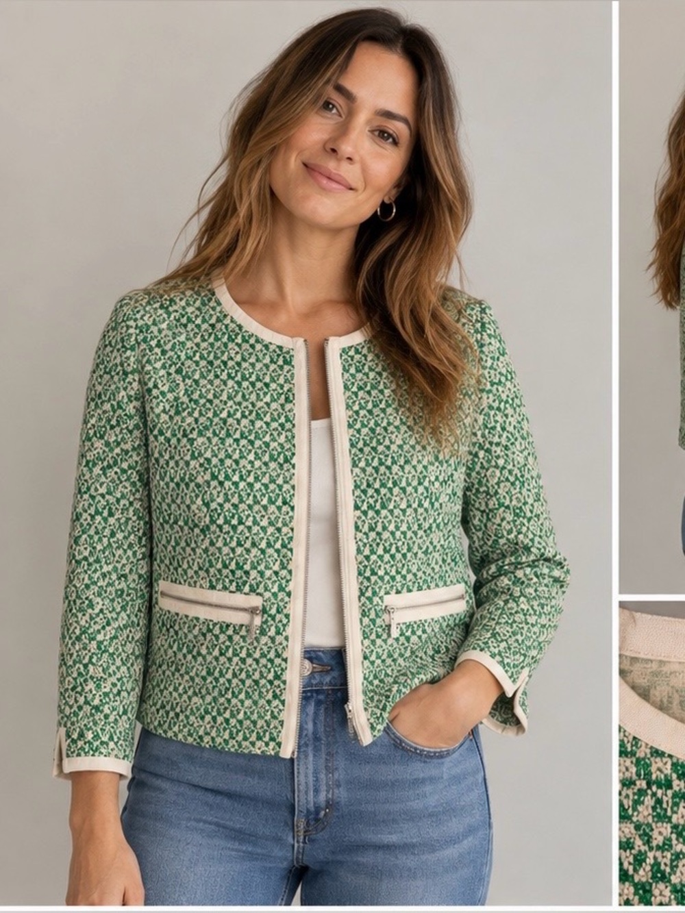 CAbi Clover Tweed Jacket Green Cream Zip Bouclé Size 8